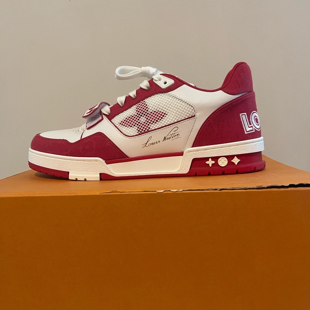 Louis Vuitton Red and White Sneakers with Vintage Athletic Design